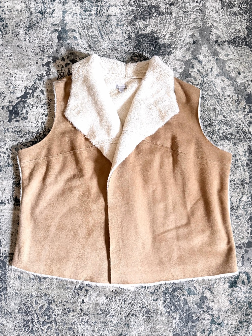 Relativity Tan Faux Suede Shearling Open Vest PXL Cozy Boho Chic Western Flare